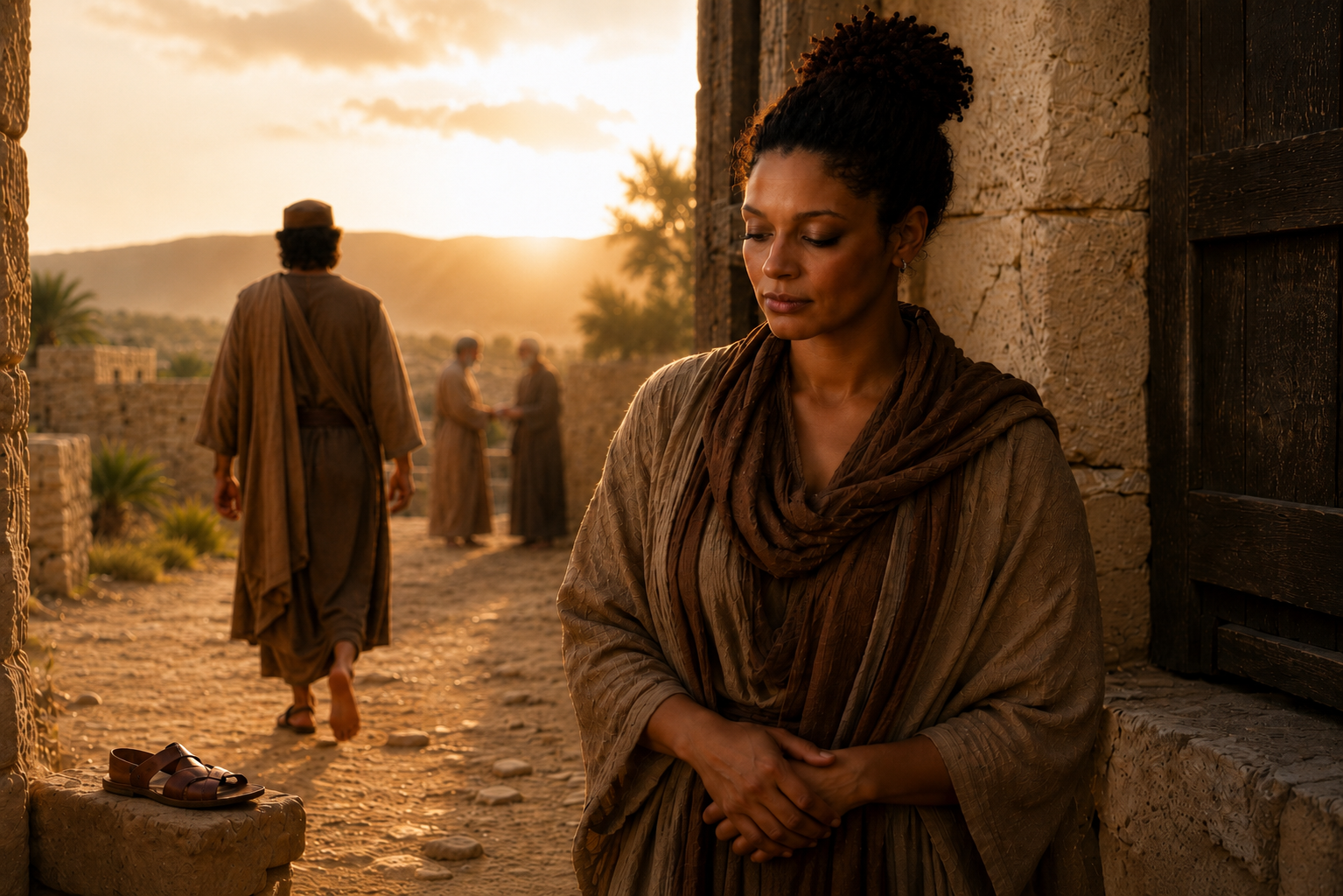 Lt Him Walk. A woman standing near an ancient city gate as a man walks away barefoot, leaving a sandal behind, symbolizing reluctant covenant and God’s greater redemption.