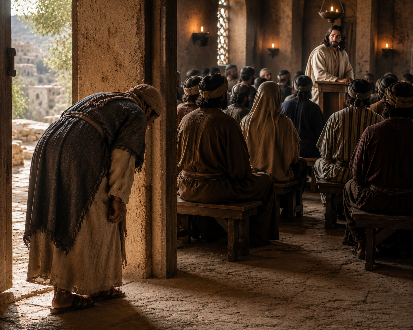 Bent woman entering a synagogue alone while Jesus turns to see her, symbolizing Luke 13, restored identity, and the Christ who notices the one who is present but not seen.