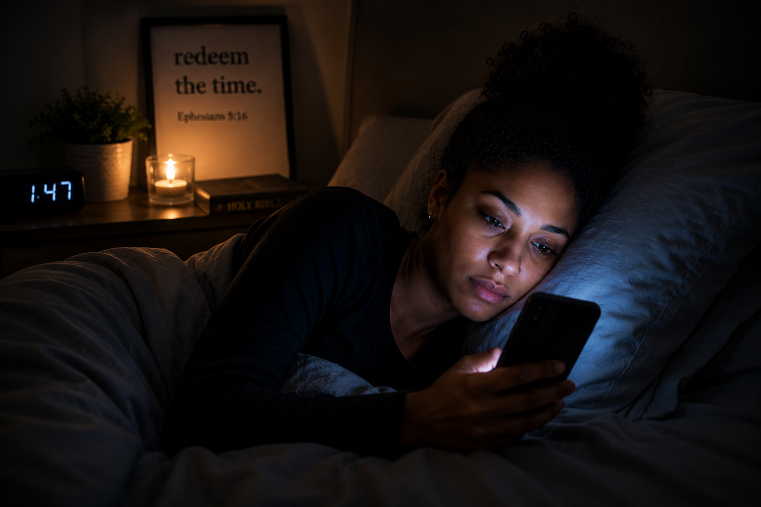 Black woman lying in bed late at night illuminated by phone light while a Bible and “redeem the time” scripture sit nearby, symbolizing distraction, comfort culture, and spiritual neglect.
