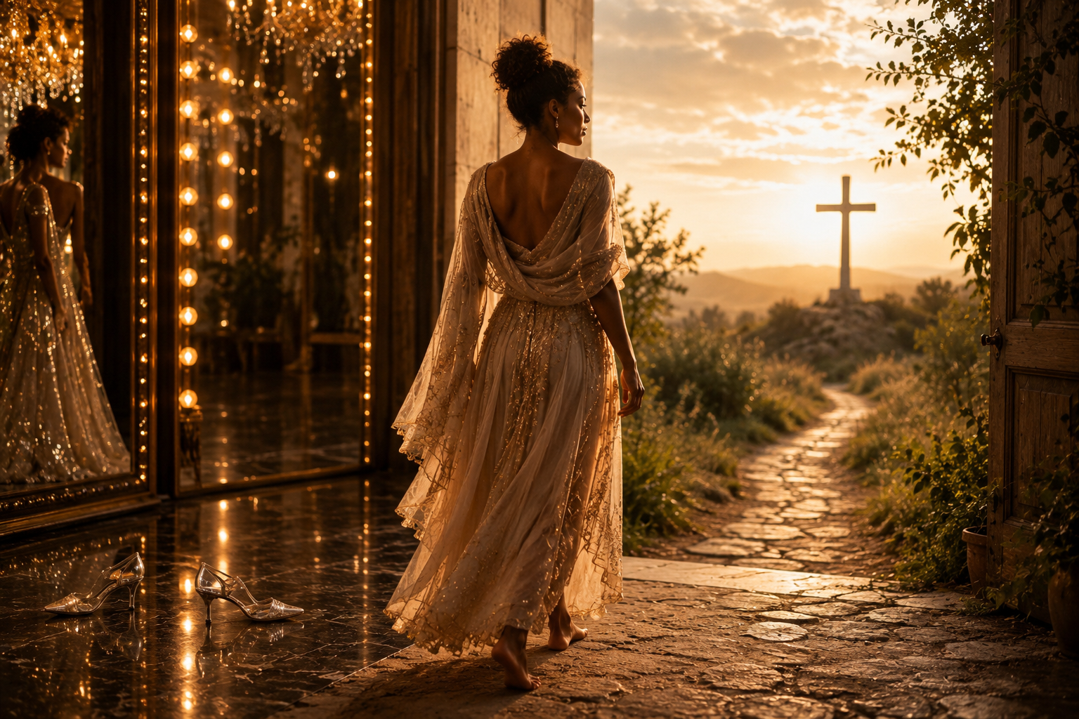 Afro-Caribbean woman walking barefoot away from a glamorous ballroom toward a cross at sunrise, leaving glass slippers behind as a symbol of moving from performance to covenant.