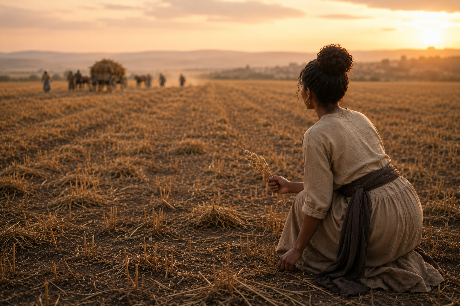 Woman gathering a few stalks of grain in a harvested field at sunset while looking toward the horizon, with distant workers and a cart visible in the background.