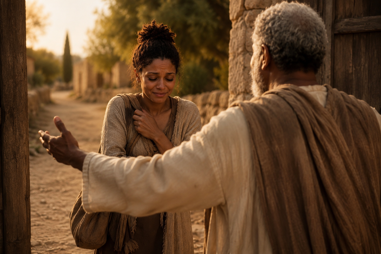 Weary daughter returning home as a father reaches toward her with open arms, symbolizing mercy, restoration, and the Father receiving the prodigal.