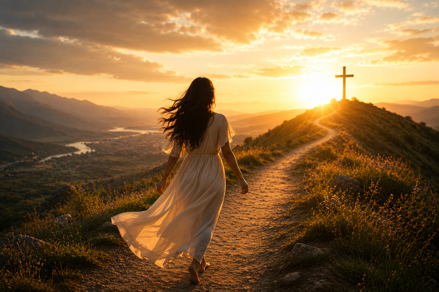 A woman in a flowing white dress walks toward a cross at sunrise, symbolizing redemption, hope, and following Christ instead of looking back with regret.