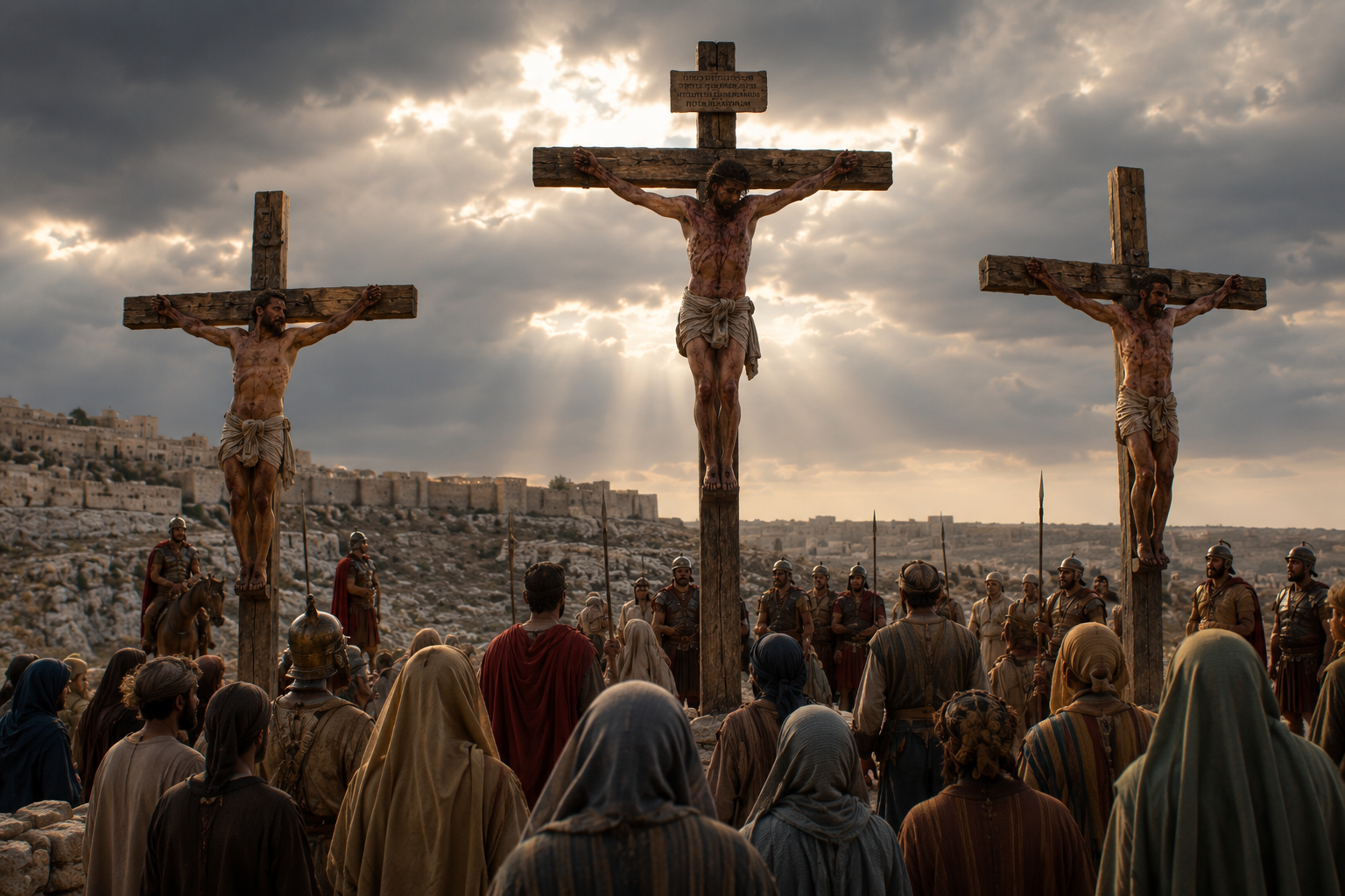 Jesus on the cross between two criminals at Golgotha, speaking with the repentant thief as crowds and Roman soldiers watch below.